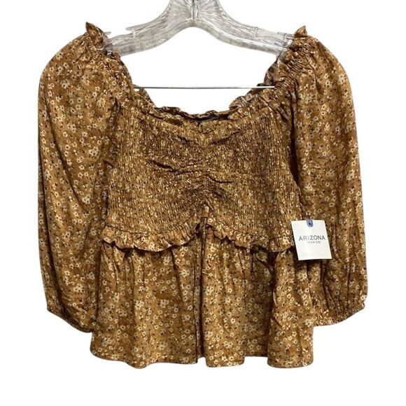 Arizona Jean‎ Co Golden Brown Floral Smocked Peplum Blouse NWT Size Small - Picture 1 of 11